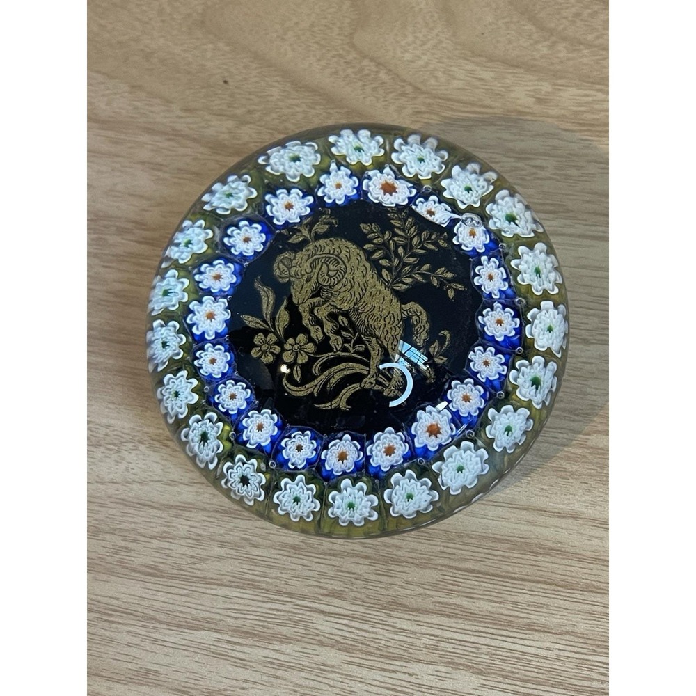 Murano Millefiori Art Glass Paperweight Aries Ram Gold Sulfide Star Sign 80's